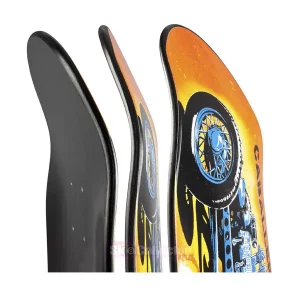 Close up of painted side rails on Powell Peralta Caballero Hot Rod Reissue Deck Blue
